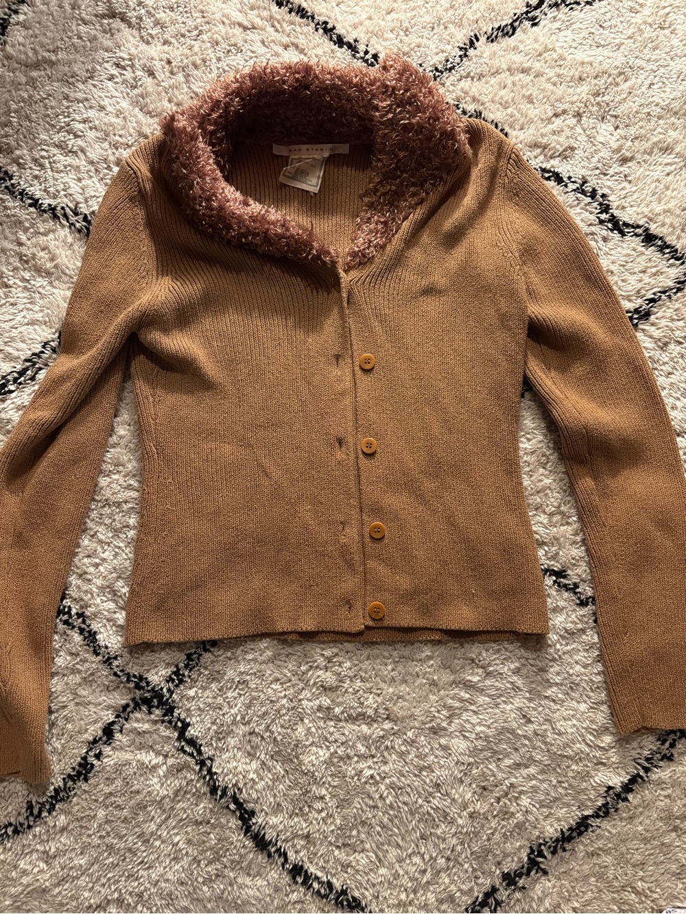 Max Studio Tan Cardigan with Faux-Fur Collar